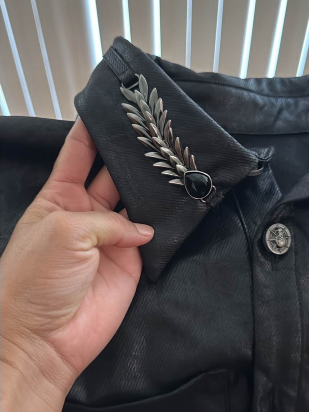 Black Men's Faux Leather Jacket with Decorative Pin